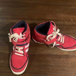 Adidas Red and White High-Tops with Blue Logo